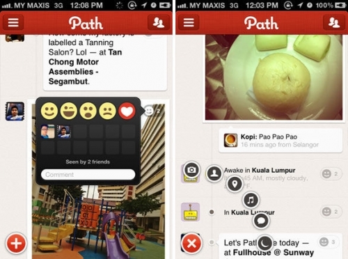 Path界面，左边展示了feed和5个表情，右边是个人页和创新的左下角扇形设计