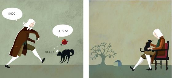 牛顿和薛定谔的猫。在此之前,经典物理学与量子力学分属于互相对立的世界,而2013年诺贝尔化学奖在这两个世界之间打开了一扇门,并带来了活跃的合作前景。 牛顿和薛定谔的猫。在此之前,经典物理学与量子力学分属于互相对立的世界,而2013年诺贝尔化学奖在这两个世界之间打开了一扇门,并带来了活跃的合作前景。