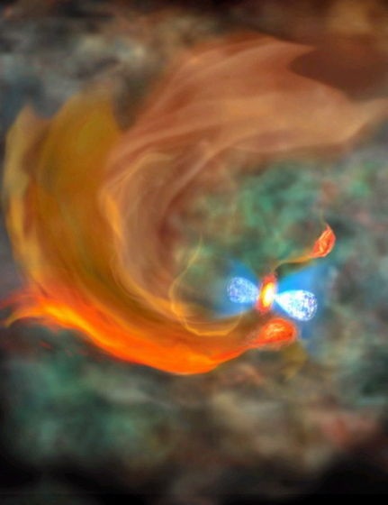 以ALMA电波望远镜的观测结果为基础描绘的想象图。在被蓝色气体云夹着的原始星(刚刚诞生的星体)下部，红色团块为“星体的种子”。