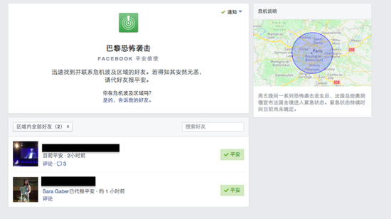 Facebook在巴黎恐怖袭击事件中启用的“安全签到”的功能,让用户可以知道亲友是否平安。