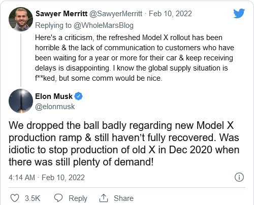 马斯克称停产旧款Model X是个愚蠢的决定