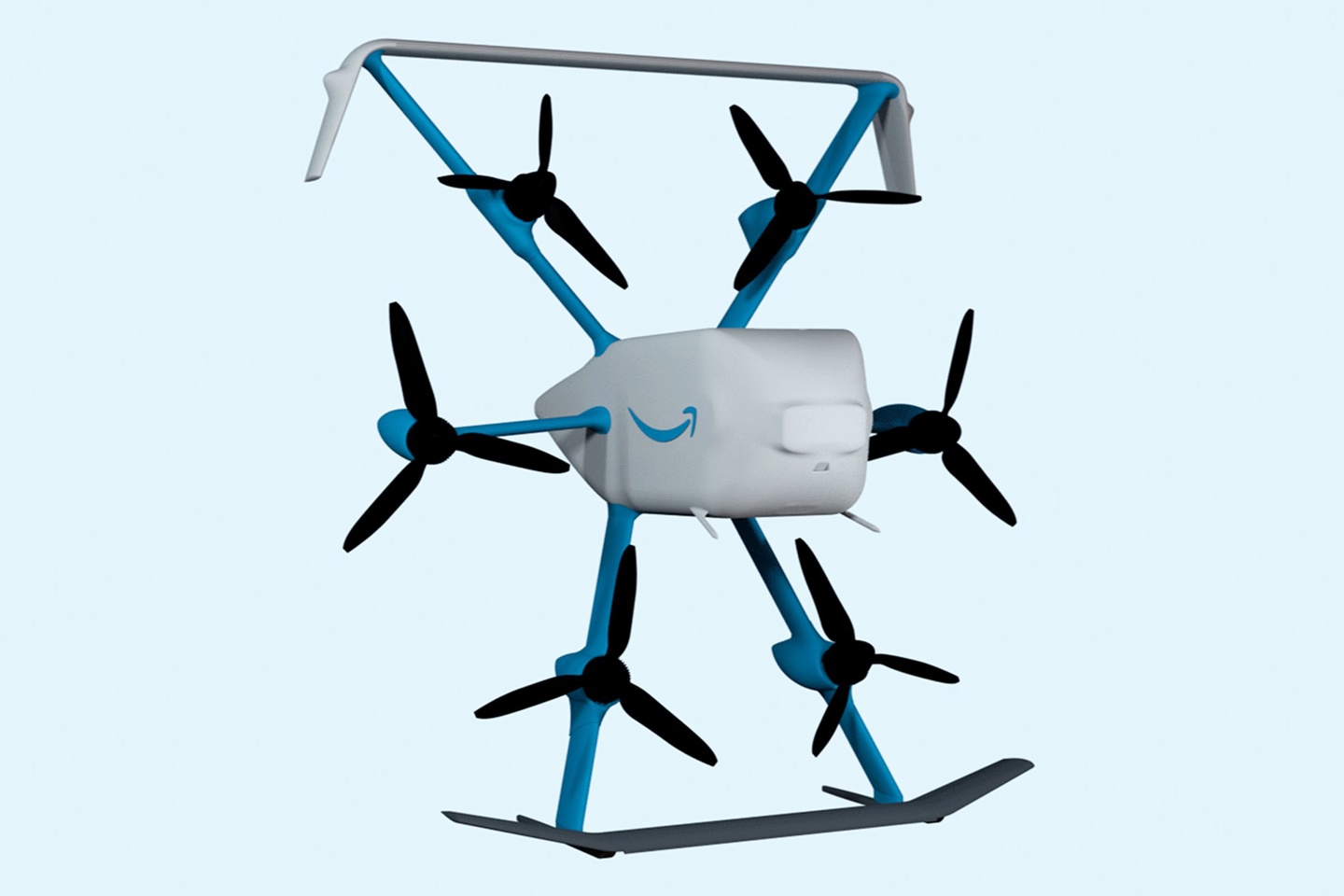 Amazon’s MK30 drone has six propellers in a hexagonal arrangement, with wings attached to the top and bottom arm pairs, and is colored blue and white. The middle is bulbous and teardrop shaped and has the amazon smile logo on it.
