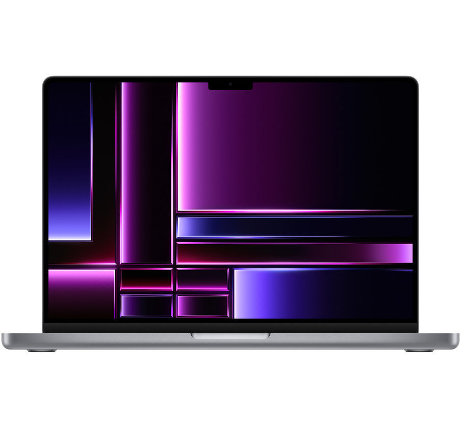 一台打开的深空灰色 MacBook Pro 的正面视图。
