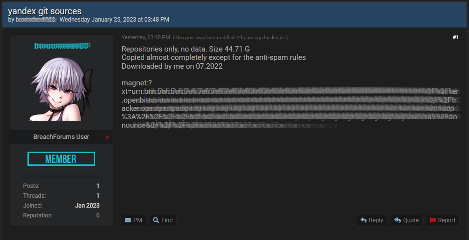 Yandex repository leaked on hacker forums