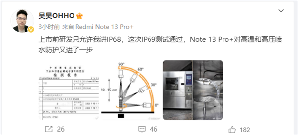 最强防水！红米Note 13 Pro+通过IP69级防护测试：可承受高温高压
