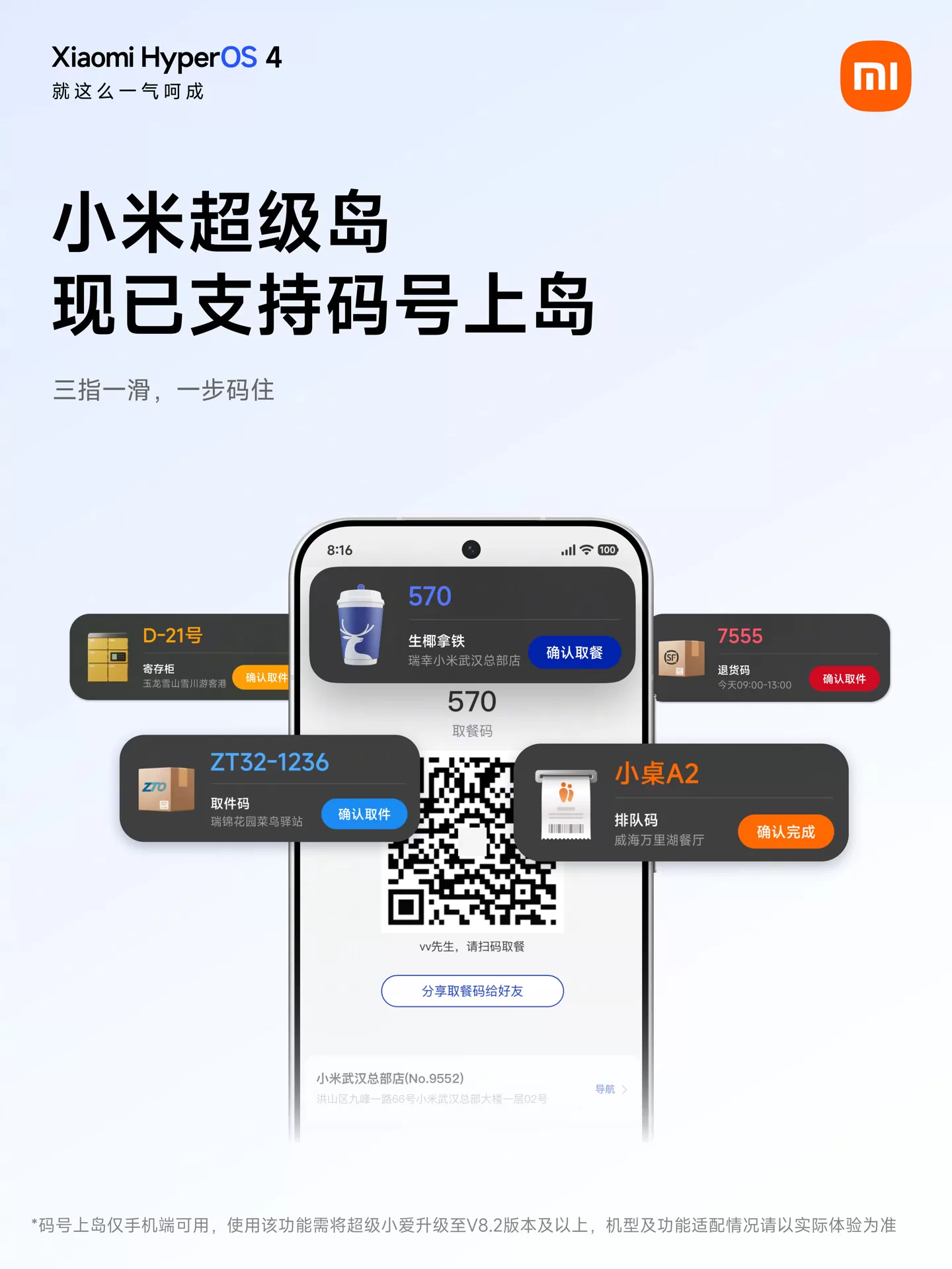 小米澎湃 OS 超级岛升级:三指一滑,取餐、取件码直接“上岛”