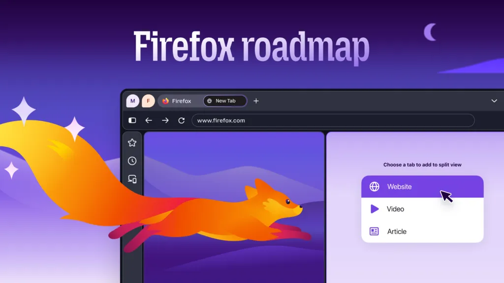 Firefox roadmap graphic with a fox running across a browser window and split view menu.