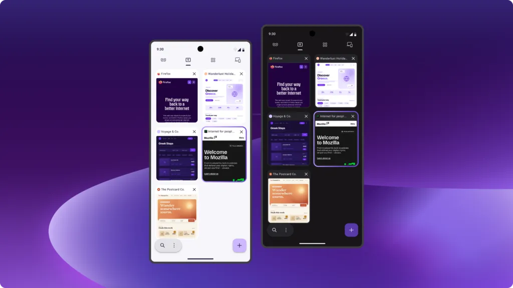 Firefox mobile tab overview in light and dark mode on two phones with travel and Mozilla tabs